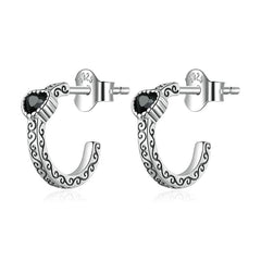 Boucles d’Oreilles Créoles Coeurs en argent 925 plaqué or blanc avec zircons noirs