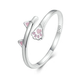 Bague Chat en argent 925 plaqué or blanc ajustable émaillé rose