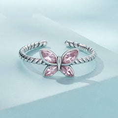 Bague Papillon Rose en argent 925 plaqué or blanc ajustable avec zircons roses - Photo 3