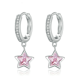 Boucles d’Oreilles Créoles Pendentif Étoiles en argent 925 plaqué or blanc avec zircons blancs