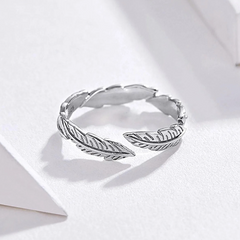 Bague Plumes en argent 925 plaqué or blanc ajustable - Photo 4