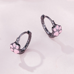 Boucles d’Oreilles Créoles Pattes de Chat en argent 925 plaqué noir émaillé rose - Photo 3