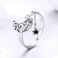 Bague Lune et Étoile en argent 925 plaqué or blanc ajustable avec chaîne et zircon noir - Photo 3