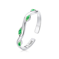 Bague Feuilles Vertes en argent 925 plaqué or blanc ajustable émaillé à la main