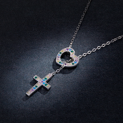 Collier Coeur avec Croix en argent 925 plaqué or blanc avec zircons colorés - Photo 3