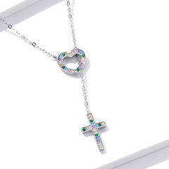 Collier Coeur avec Croix en argent 925 plaqué or blanc avec zircons colorés - Photo 4