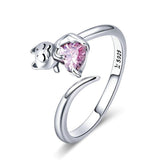 Bague Chat avec Coeur en argent 925 plaqué or blanc ajustable avec zircon rose