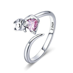 Bague Chat avec Coeur en argent 925 plaqué or blanc ajustable avec zircon rose
