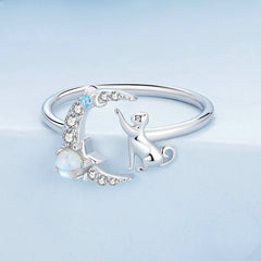 Bague Chat Lune et Étoiles en argent 925 plaqué or blanc ajustable avec pierre de lune et zircons blancs et bleus - Photo 4