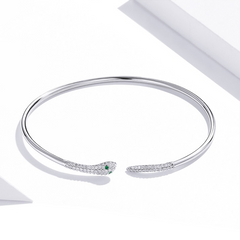 Bracelet Serpent en argent 925 plaqué or blanc jonc rigide avec zircons blancs et verts - Photo 3
