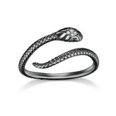 Bague Serpent Cobra Royal en argent 925 plaqué or noir ajustable avec pavé de zircons blancs et verts
