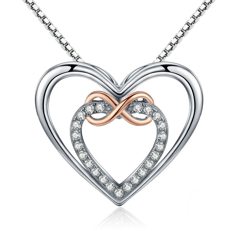 Collier Double Coeur avec Infini en argent 925 plaqué or blanc et or rose ajustable avec zircons blancs