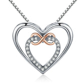 Collier Double Coeur avec Infini en argent 925 plaqué or blanc et or rose ajustable avec zircons blancs