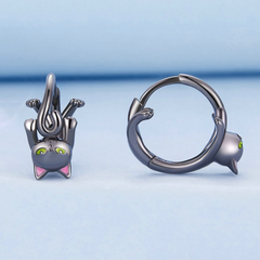 Boucles d’Oreilles Créoles Chat Noir Argent Sterling 925 plaqué noir avec détails émaillés - Photo 3