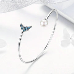 Bracelet Sirène avec Perle jonc en argent 925 plaqué or blanc avec perle et zircons bleus - Photo 3