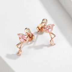 Boucles d’Oreilles Flamant Rose Puces en Argent Sterling 925 plaqué or rose avec zircons roses et blancs - Photo 3