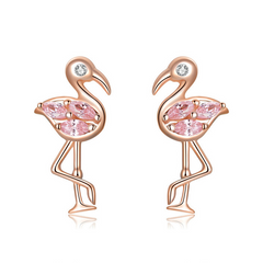 Boucles d’Oreilles Flamant Rose Puces en Argent Sterling 925 plaqué or rose avec zircons roses et blancs