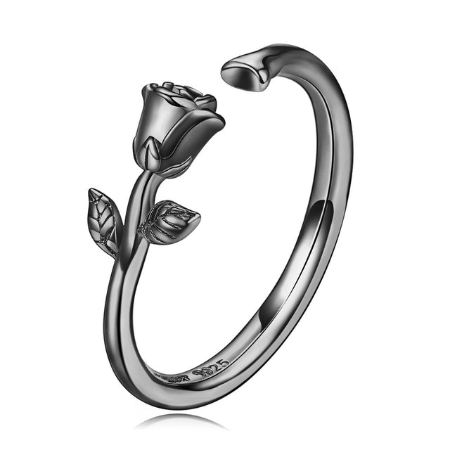 Bague Rose en argent 925 plaqué noir ajustable