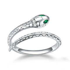 Bague Serpent en argent 925 plaqué or blanc ajustable avec zircons blancs et verts