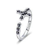 Bague Croix en argent 925 plaqué or blanc ajustable avec zircons noirs