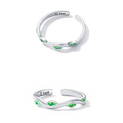 Bague Feuilles Vertes en argent 925 plaqué or blanc ajustable émaillé à la main - Photo 4