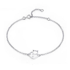 Bracelet Chat avec Coeur en argent 925 plaqué or blanc avec fermoir ajustable