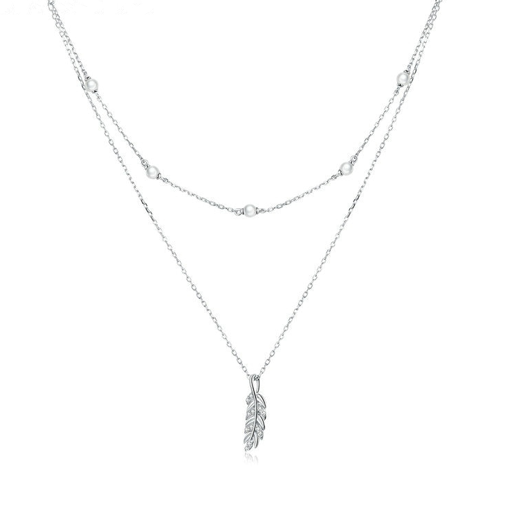 Collier Double avec Plume en argent 925 plaqué or blanc ajustable avec zircons blancs et perles