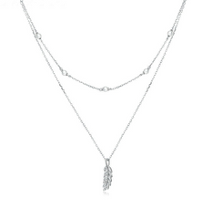 Collier Double avec Plume en argent 925 plaqué or blanc ajustable avec zircons blancs et perles