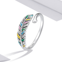Bague Plume en argent 925 plaqué or blanc ajustable émaillé à la main - Photo 3