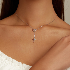 Collier Coeur avec Croix en argent 925 plaqué or blanc avec zircons colorés - Photo 2