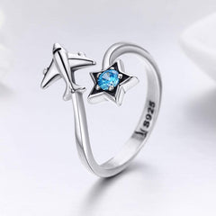 Bague Avion et Étoile en argent 925 plaqué or blanc ajustable avec zircon bleu - Photo 3