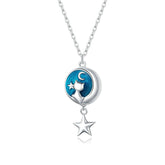 Collier Chat sur la Lune en argent 925 plaqué or blanc avec pendentif émaillé bleu