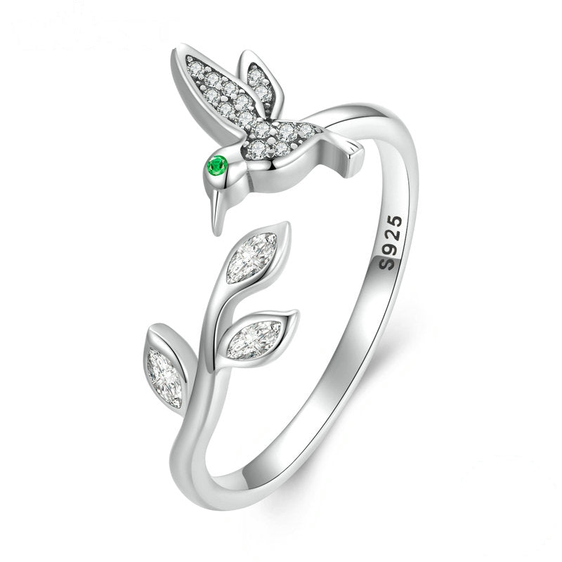 Bague Colibri en argent 925 plaqué or blanc ajustable avec zircons blancs