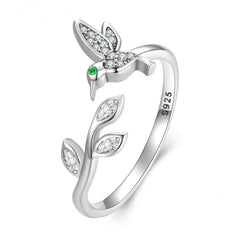 Bague Colibri en argent 925 plaqué or blanc ajustable avec zircons blancs