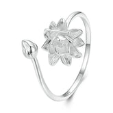 Bague Fleur de Lotus en argent 925 plaqué or blanc ajustable