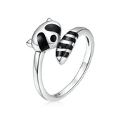 Bague Raton Laveur en argent 925 plaqué or blanc émaillé noir ajustable