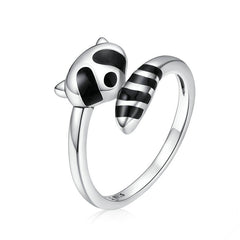 Bague Raton Laveur en argent 925 plaqué or blanc émaillé noir ajustable