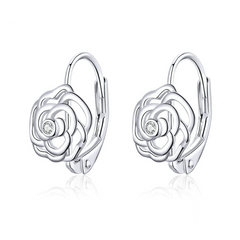 Boucles d’Oreilles Créoles Roses en argent 925 plaqué or blanc avec zircons blancs