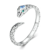 Bague Serpent en argent 925 plaqué or blanc ajustable aver zircons blancs et verts et bleu