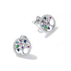 Boucles d’Oreilles Arbre de Vie Puces en Argent Sterling 925 plaqué or blanc avec pavé de zircons colorés - Photo 3