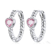 Boucles d’Oreilles Créoles Coeurs en argent 925 plaqué or blanc avec zircons roses