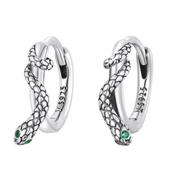 Boucles d’Oreilles Créoles Serpents en argent 925 plaqué or blanc avec zircons verts