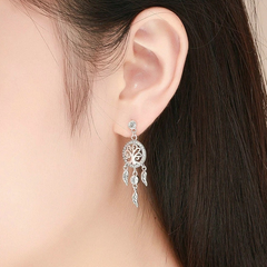 Boucles d’Oreilles Attrape-Rêves avec Arbre de Vie Puces en Argent Sterling 925 plaqué or blanc avec zircons blancs - Photo 2