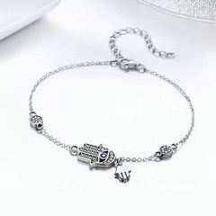 Bracelet Hamsa en argent 925 plaqué or blanc ajustable avec zircons blancs et bleus - Photo 3