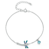 Bracelet Libellule Argent Sterling 925 plaqué or blanc avec zircons blancs et bleus et fermoir ajustable