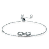 Bracelet Infini en argent 925 plaqué or blanc ajustable avec zircons blancs et perles