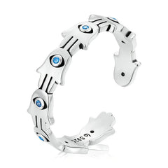 Bague Hamsa en argent 925 plaqué or blanc ajustable avec zircons bleus