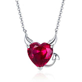 Collier Coeur Rouge en argent 925 plaqué or blanc avec cornes et petite queue de diable