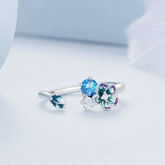 Bague Fleurs en argent 925 plaqué or blanc ajustable émaillé à la main avec zircons colorés - Photo 4