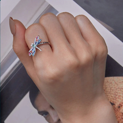 Bague Libellule en argent 925 plaqué or blanc ajustable émaillé à la main avec zircons colorés - Photo 2